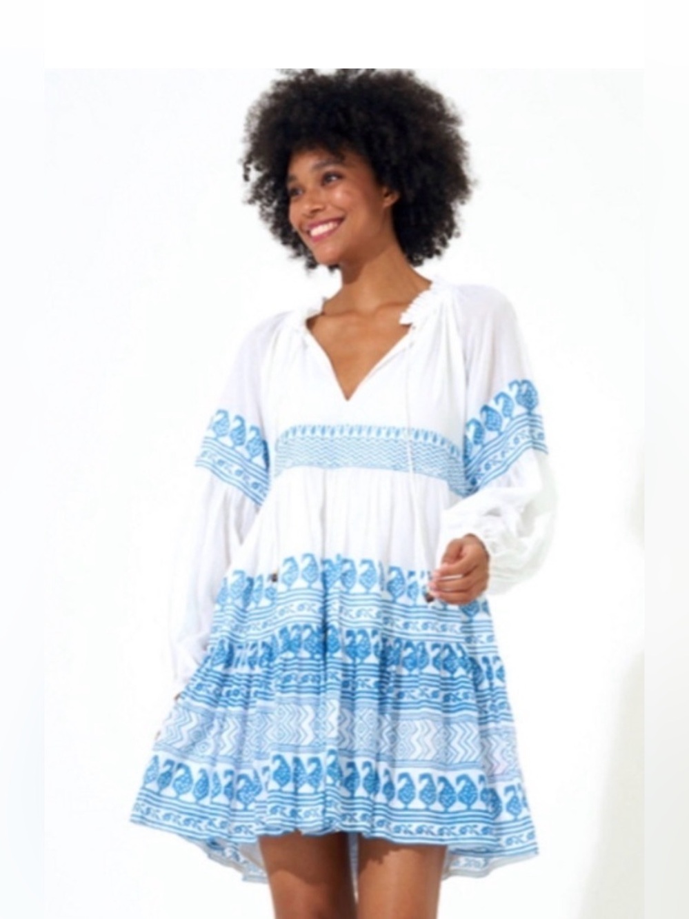 Like new Oliphant Santorini boho tunic Balloon Sleeve White & Blue Cotton Dress